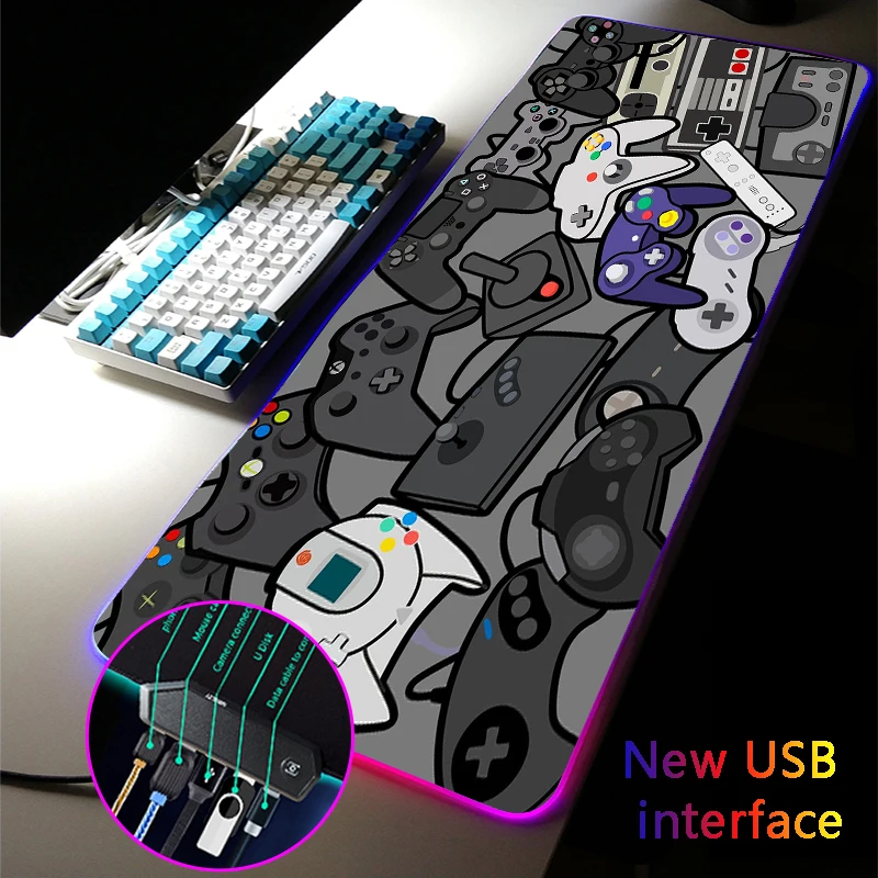 

Cartoon Gamepad Large RGB Mouse Pad Multi-interface Four USB Docking Dock USB Black MousePad Typec Interface Boys Girls DeskMat