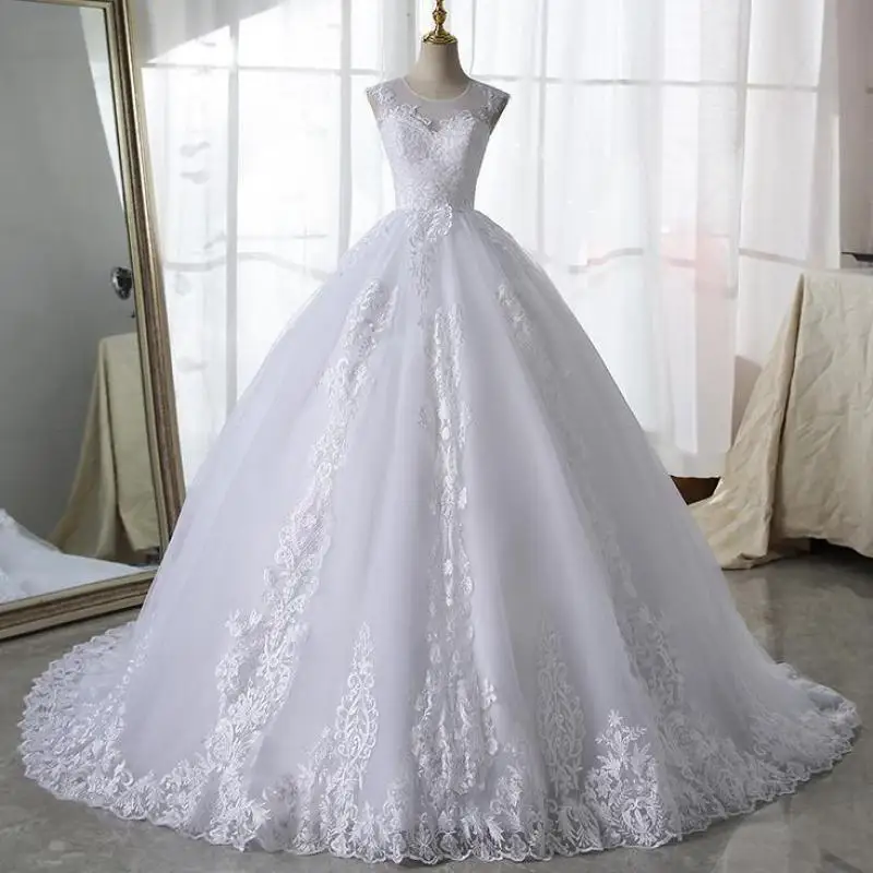 Pure White Lace Wedding Dressrain Sleeveless Bridal Dress Back Zipper Ball Gown Luxury Vestido  Noiva Robe Mariee Customized