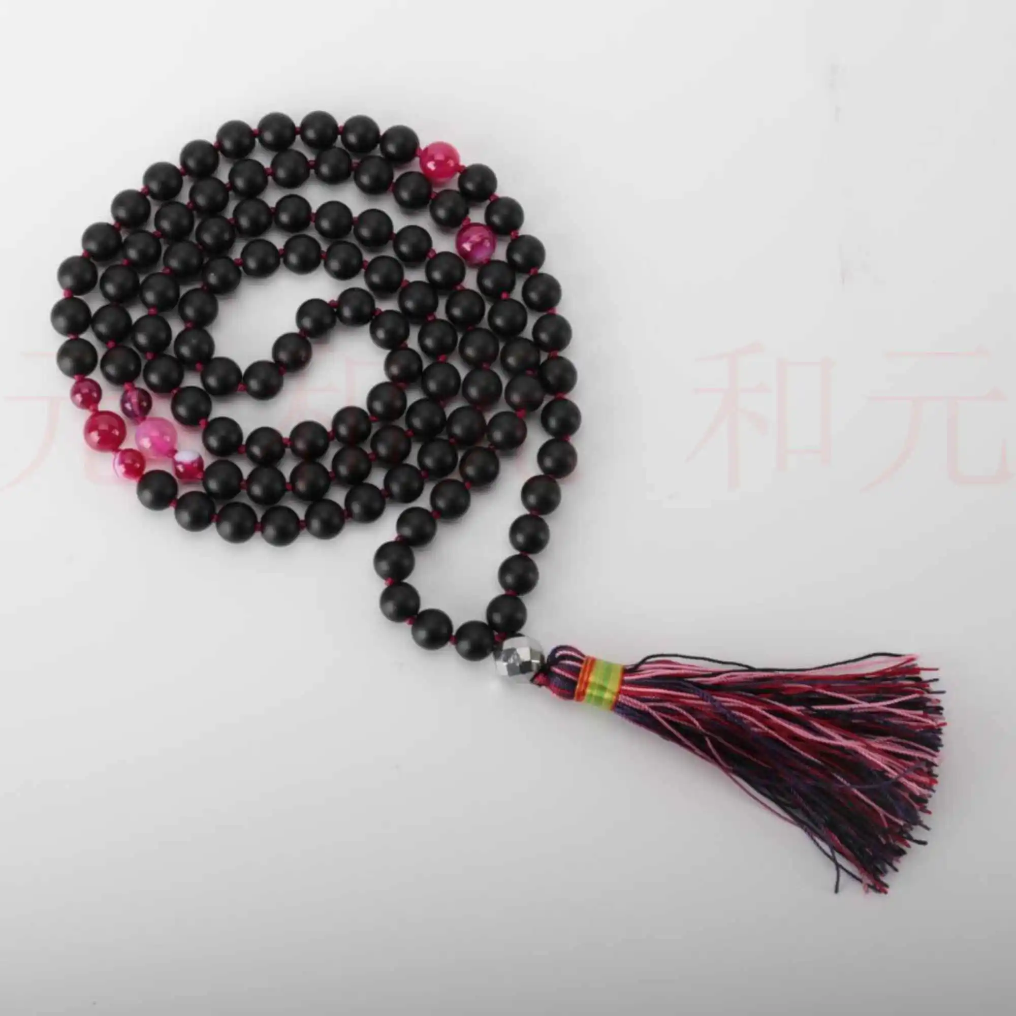 

6mm 108 mala Natural pink Crystal black Obsidian necklace National Style Spirituality Bless Dark Matter Healing Bohemia Men