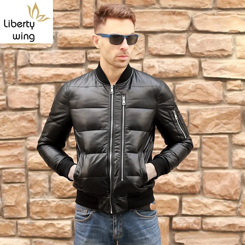 

Men Winter Warm Black Genuine Duck Down Flight Coats Large Size Real Leather Sheepskin Bomber Jackets Aviation