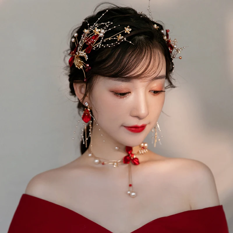 Vintage Chinese Style Clip Red Hair Pins and Clips Flower Headband Earrings Set Women Wedding Party Headdress Jewelry FORSEVEN