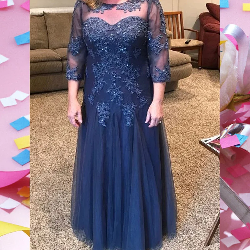 

2021 Blue Mother Of The Bride Dresses A-line 3/4 Sleeves Tulle Appliques Beaded Plus Size Long Groom Mother Dresses For Weddings