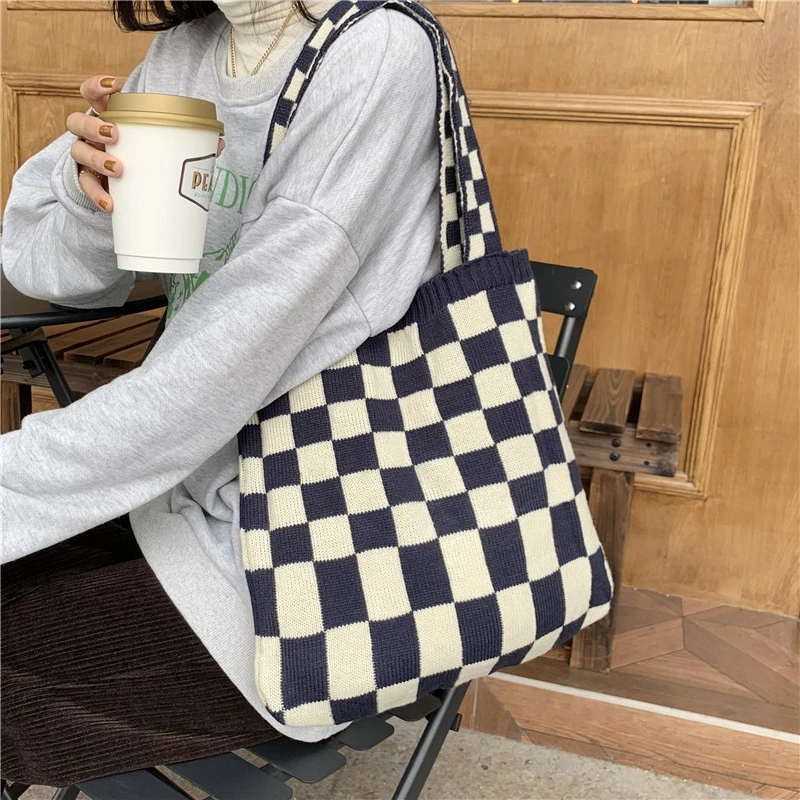 Knitted Checkerboard Bag For Women Canvas Tote Shoulder Bags Retro Weave Plaid Handbags Female Casual Travel Shopping School Bag