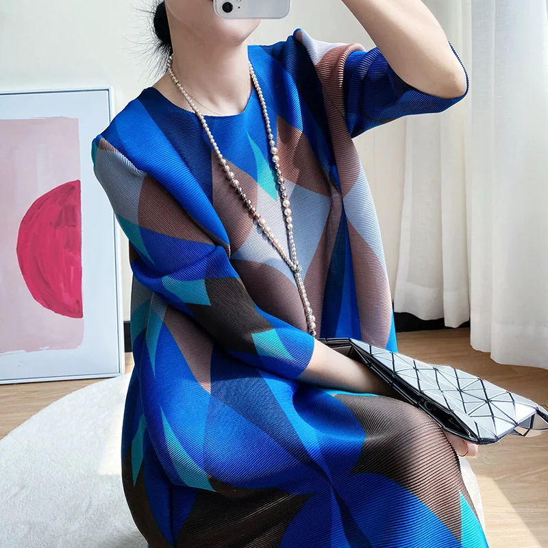 Imagem -06 - Vestido com Estampa Plissada de Miyake Solto e Fino Temperamento Novo em Estoque Vermelho Azul Laranja Primavera 2023