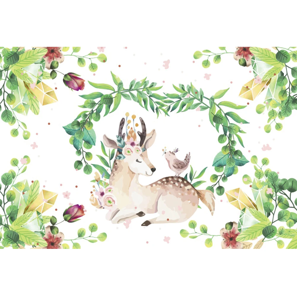 Laeacco Cartoon Sika Deer Plant Flower Pattern Baby Shower Birthday Party Decor Customized Photography Background Photo Backdrop