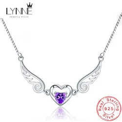 Hot Fashion 925 Sterling Silver Angel Wing Zircon Collarbone Necklace Purple Rhinestone Heart Pendants Necklaces Women Jewelry