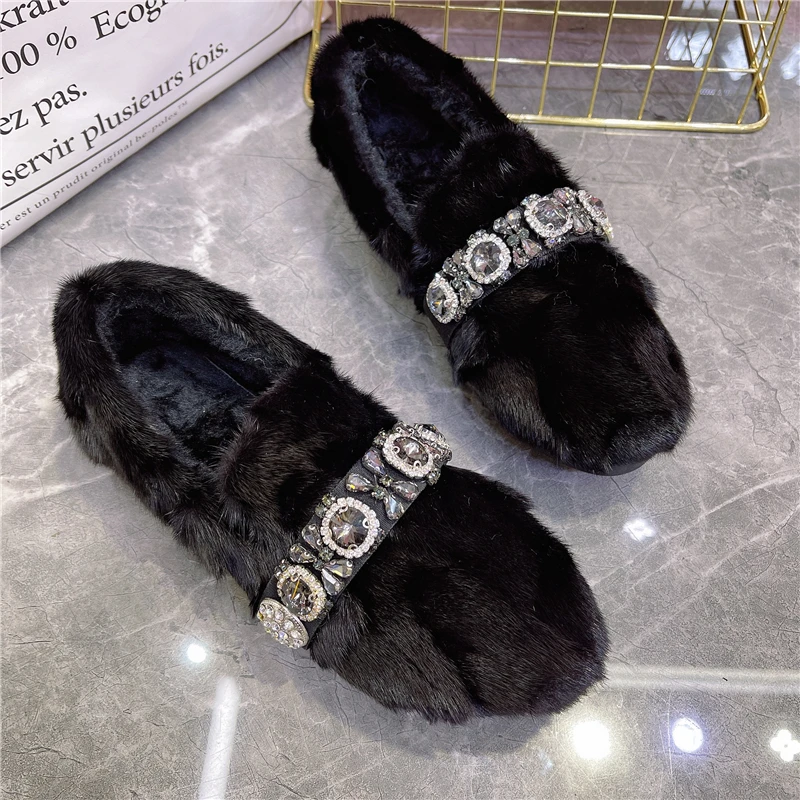 Black Women Crystal Casual Loafers Winter Warm Fur Smoking Shoes Woman Big Size Espadrilles Ladies Flats Creepers