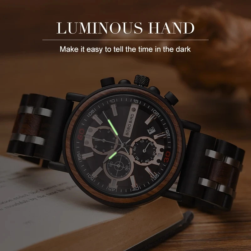 Men\'s Watch BOBO BIRD Top Fashion Wooden Military Watches Chronograph Date Shows Luminous Needles Great Gift relogio masculino