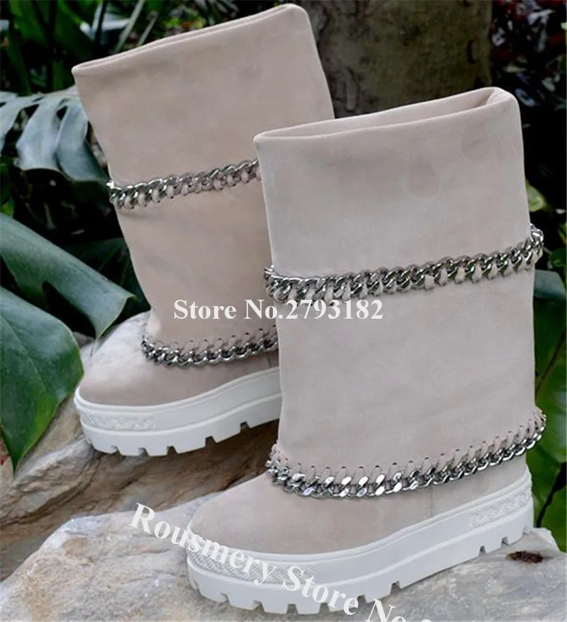 

New Fashion Women Round Toe Suede Leather Chains Decroated Mix-calf Platform Boots Biege Black Hieigh Increased Boots