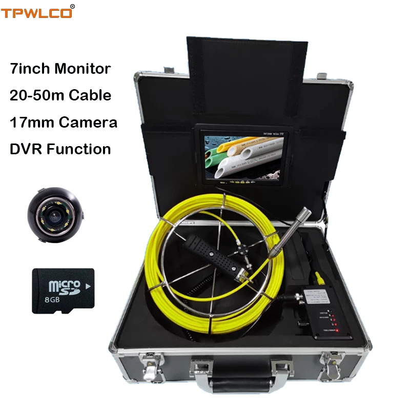 

7inch LCD Pipe Inspection Video Industrial System With DVR Recording 8GB SD Card Waterproof 17mm Sewer Camera 20-50m Cable