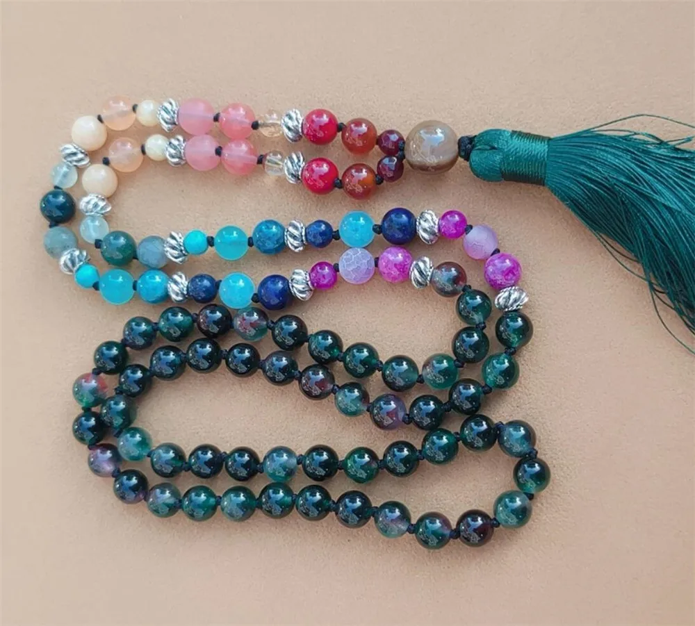 

8mm Chalcedony Color Chakra 108 Beads Tassel Knotted Necklace Buddhism Bless Prayer Lucky Mala Yoga Chakra Yoga Mala Meditation