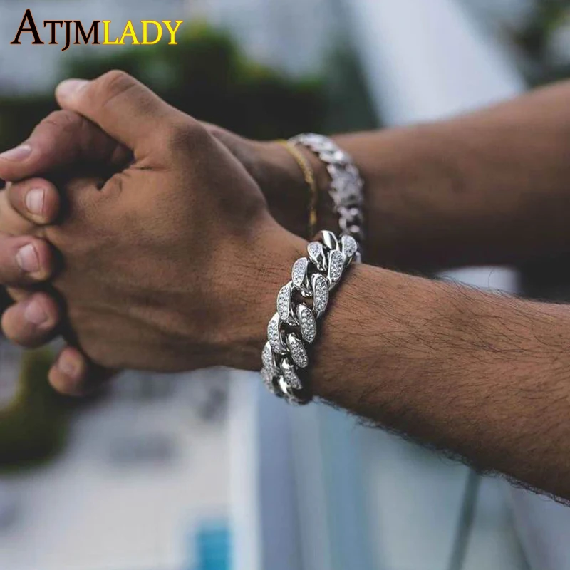 2025 Women Men\'s Chunky Iced Out Bling Hiphop Sparking Pave 5A Cubic Zirconia 18mm Width Miami Cuban Link Chain CZ Bracelet