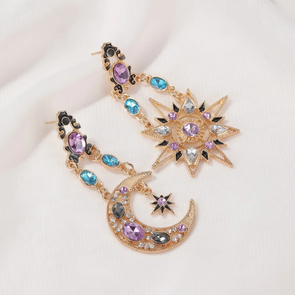 New Vintage Star Moon Asymmetric Long Dangle Earrings For Women Exaggerate Colorful Crystal Sun Earring Trend Party Jewelry Gift