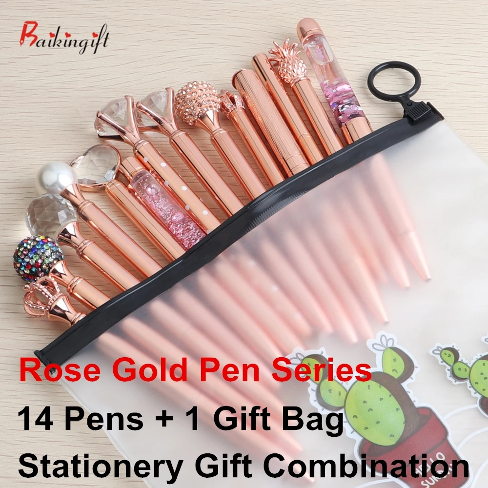 14Pcs Rose Gold Ballpoint Pen Gift Stationery Combination Series Rose gold Pens For School Office Suppliers Pen Christmas Gifts