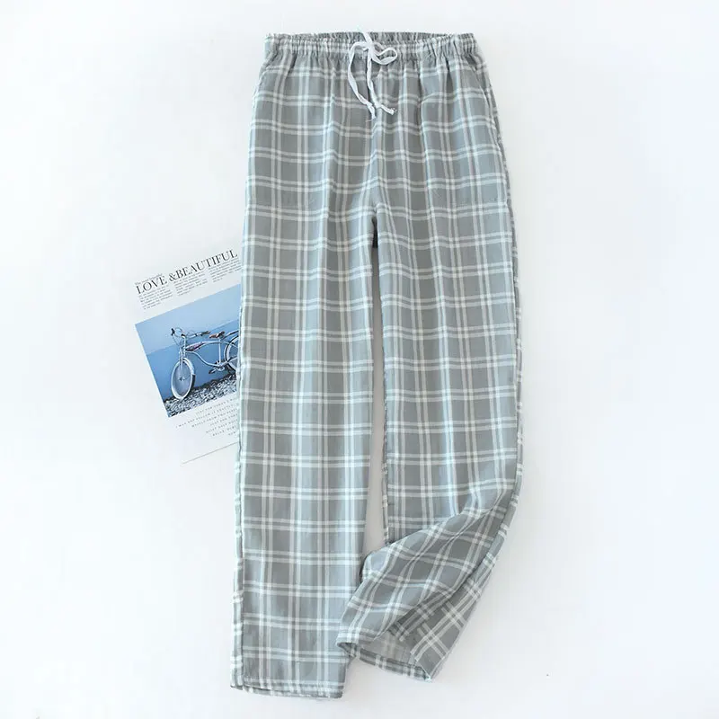 Men\'s Cotton Gauze Trousers Plaid Knitted Sleep Pants Mens Pajamas Pants Bottoms Sleepwear Pajama Short for Men Pijama Hombre