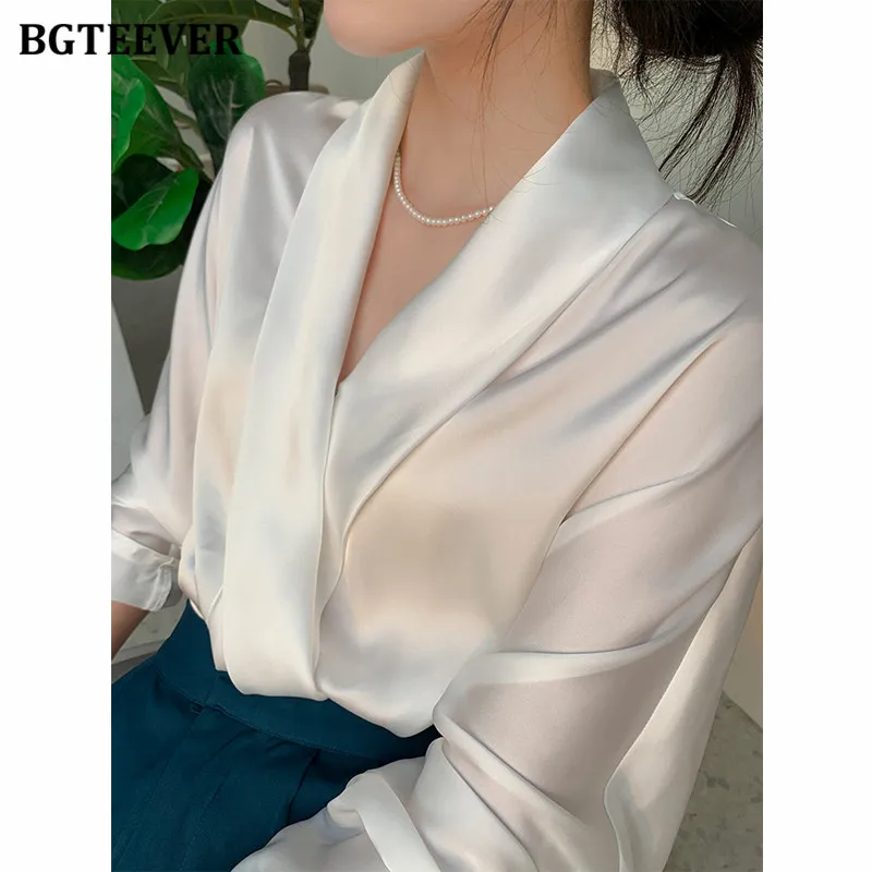 BGTEEVER Elegant V-neck Satin Women Blouses 2021 Autumn Ladies Blusas Full Sleeve Loose Office Wear Female Shirts Tops