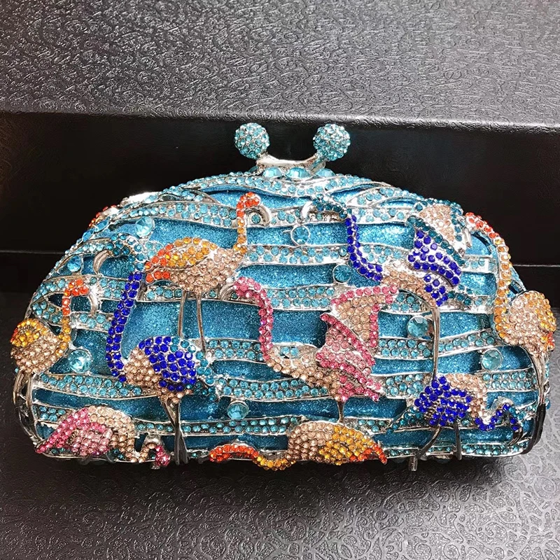 

WHTUOHENG Luxury FlamingoCrystal Evening Purses Bag Clutches Multi-Colored Diamond Handbags Girls Mini Semicircle Shape Bags