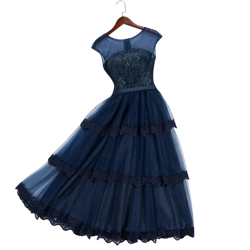 Robe de soirée bleu marine, robe de gâteau, sans manches en dentelle, robe de demoiselle d'honneur, robes de soirée de banquet, nouvelle mode été automne 2021