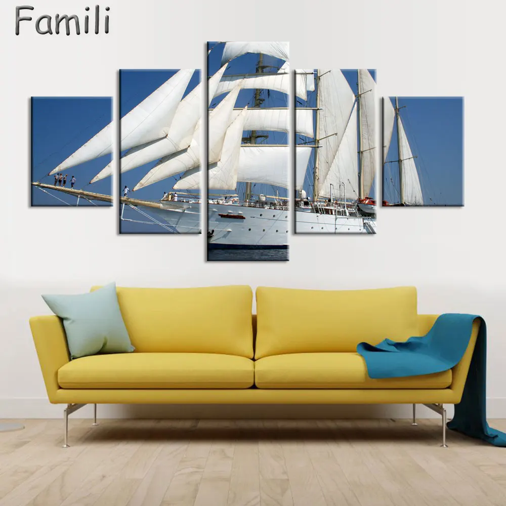 

Modern Canvas Prints Artwork Seascape Sailboat 5 Panels Sea Photo Paintings Canvas Wall Art Decor for Living Room Home Decor