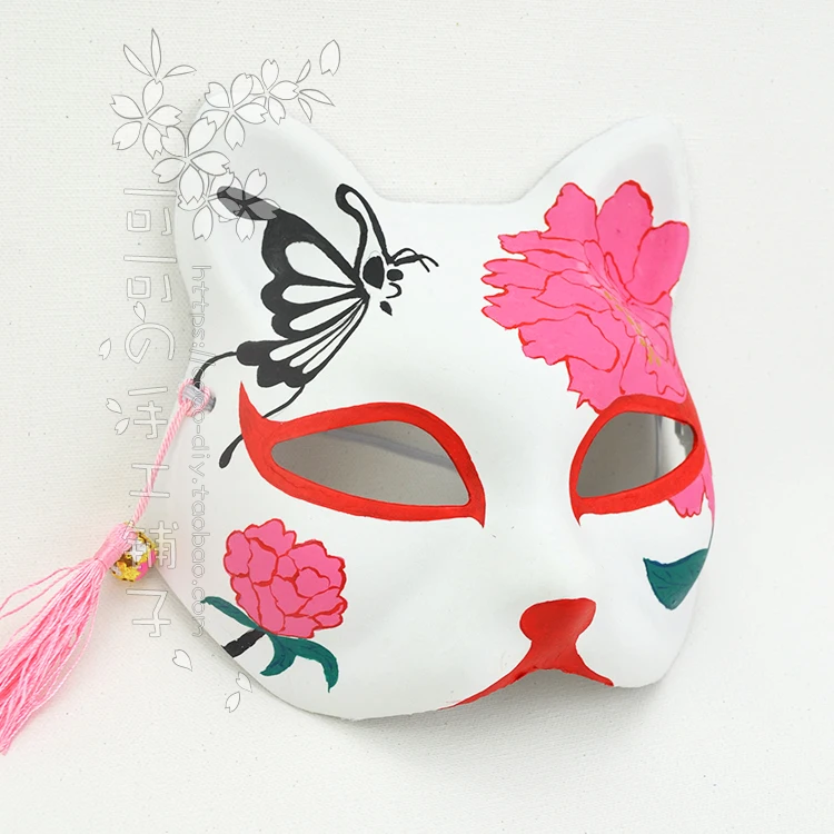 Handmade and Hand-Painted Fox Cat Mask and Wind Performance Anime Cosplay Ball Black Butterfly Pink Peony