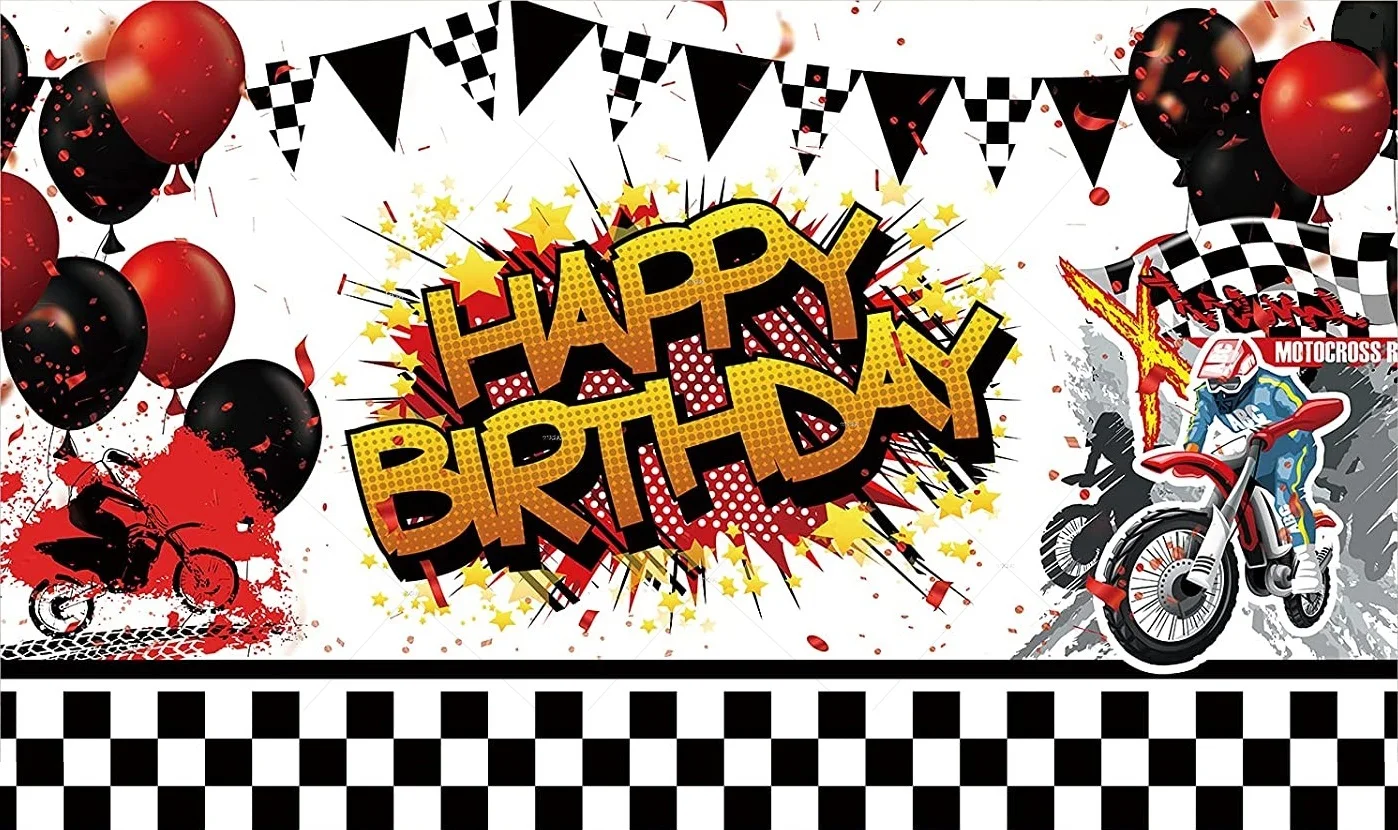 모토크로스 생일 축하 배경 장식 소년 오토바이 레이싱 매치 스포츠 생일 파티 용품, 검정 흰색 깃발 배너