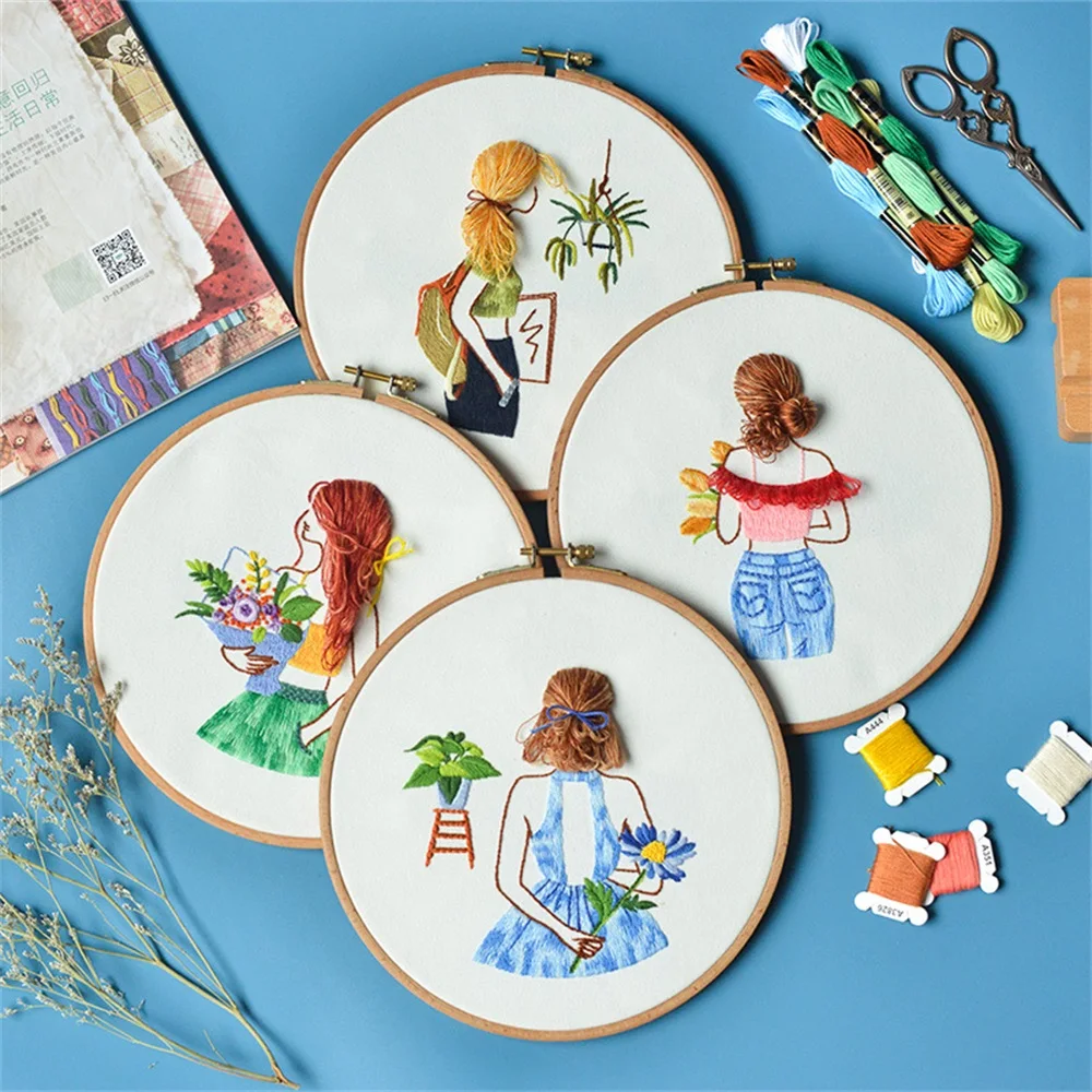 Diy Embroidery Kit Cute Girl Thread Embroidery Kits Handmade Needlework Material for Beginner Sewing Handcraft Embroideri Frame