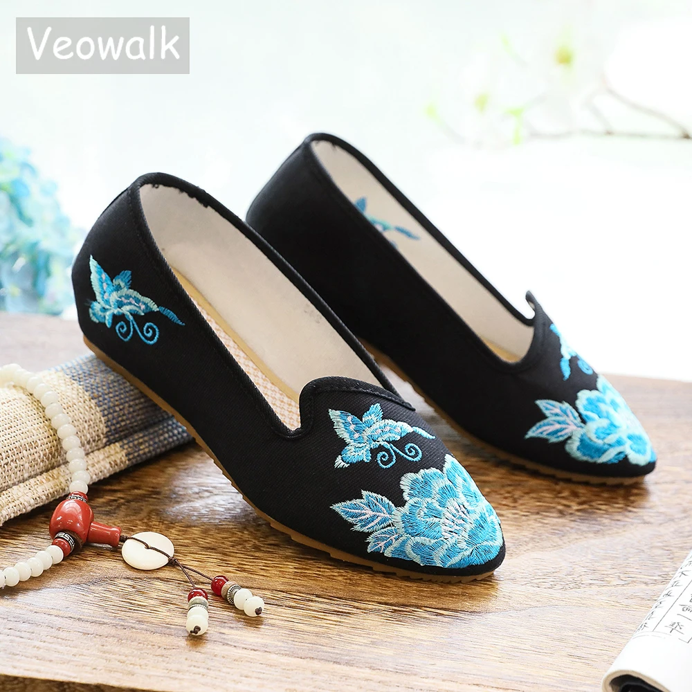 Veowalk Pointed Toe Women Shoes Flats Floral Embroidery Comfortable Old Peking Handmade Ballerinas Sapato Feminino