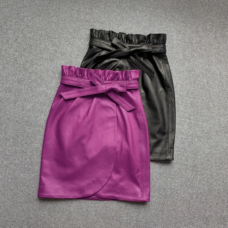 Ruffle Women Bow High Waist Short Skirts Fashion Sweet Real Leather Wrap Skirts Office Lady Slim Fit Sheepskin Purple Skirt