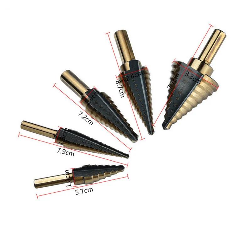 JUSTINLAU 5pc Large Cobalt Step Drill Bit with Case HSS Step Titanium Core Drill Multiple Hole Cutter Drill Bit Set Tool