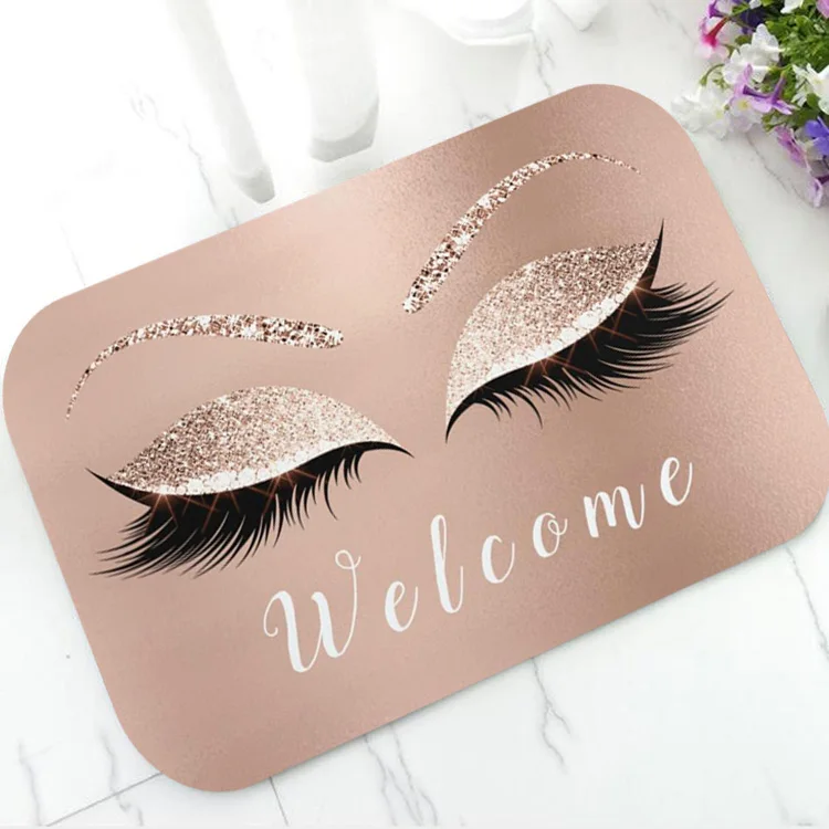 Trendy Rose Gold Glitter EyeLash Lashes Welcome Door Mat Sparkly Makeup Rubber Doormat Rug Carpet Chic Home Beauty Studio Decor