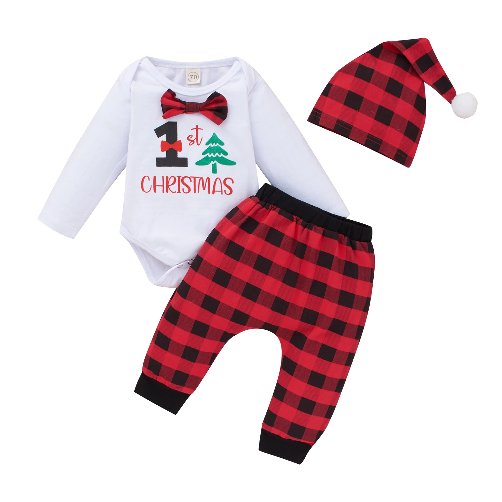 Toddler Baby's Clothes Christmas Romper Pants Hat Plaid Print Bow Fur Ball Decoration Festive Children's Clothing Set Costumes