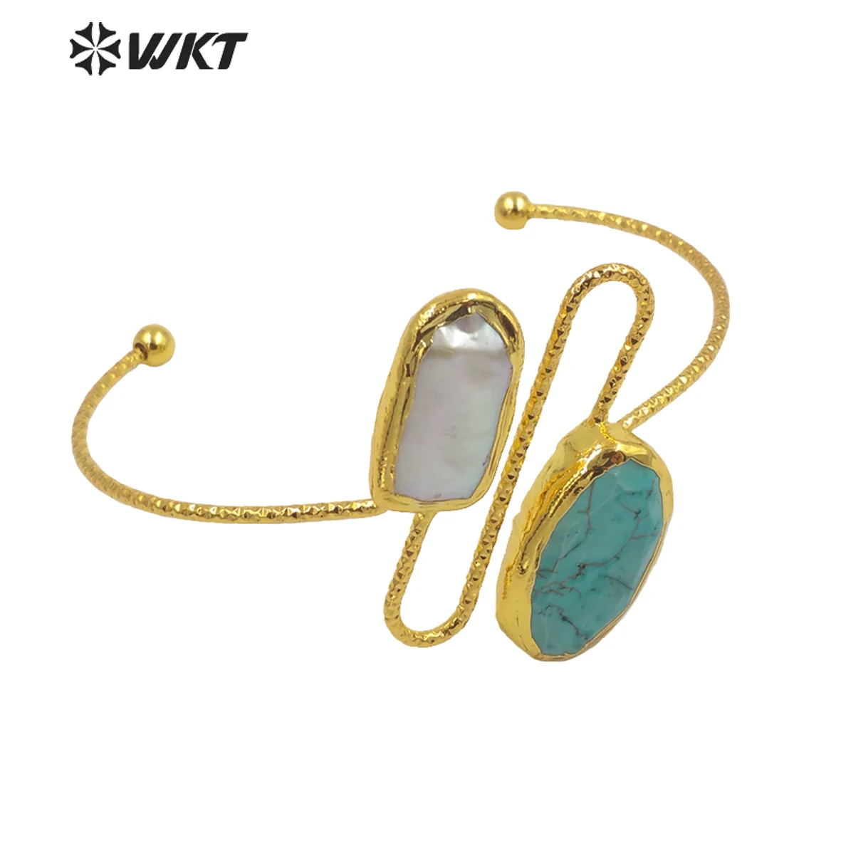 

WT-MPB035 Amazing Gold Electroplated Resist Tarnishable Turquoises And Pearl Cuff Bangle Gorgeous Fashion Stone Bracelet