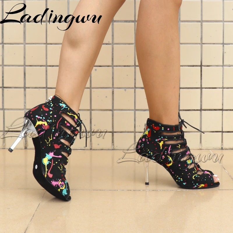 Ladingwu New Style Latin Dance Shoes Rumba Tango Dance Boots Salsa National Standard Dance Shoes Fashion Printed Suede Plating H