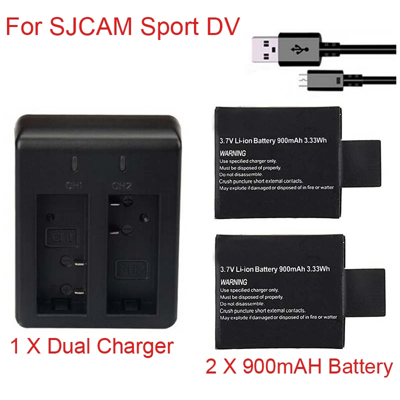 900mAh 3.7v Replacement Battery+ Dual Charger for SJ4000 SJ5000 SJ6000 Battery Sport DV Camera Accessories for SJCAM SJ 4000