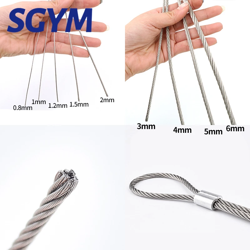 5/10m 304 Stainless Steel Wire Rope Soft Fishing Lifting Cable 7×7/7*19 Clothesline 0.8mm 1mm 1.5mm 2mm 3mm 4mm Aluminum sleeve