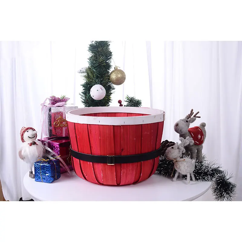 Christmas Bucket Newborn Photography Props Wooden Xmas Basket Baby Photo Shoot Studio Posing Props Bebe Fotografia Accessories