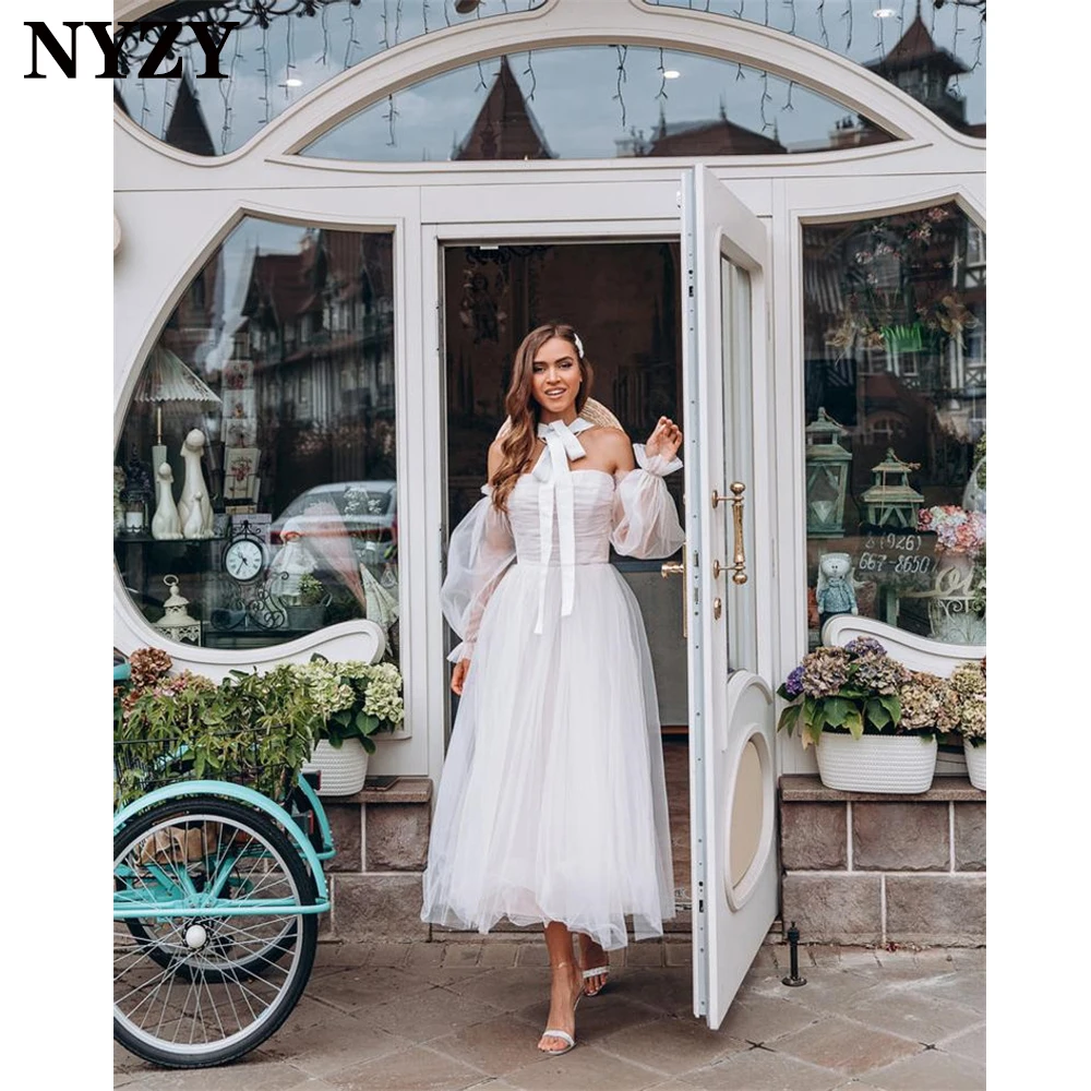 W53 NYZY Elegant Tulle Off the Shoulder Long Sleeves Simple Light Wedding Dress Boho 2021 Wedding Gowns