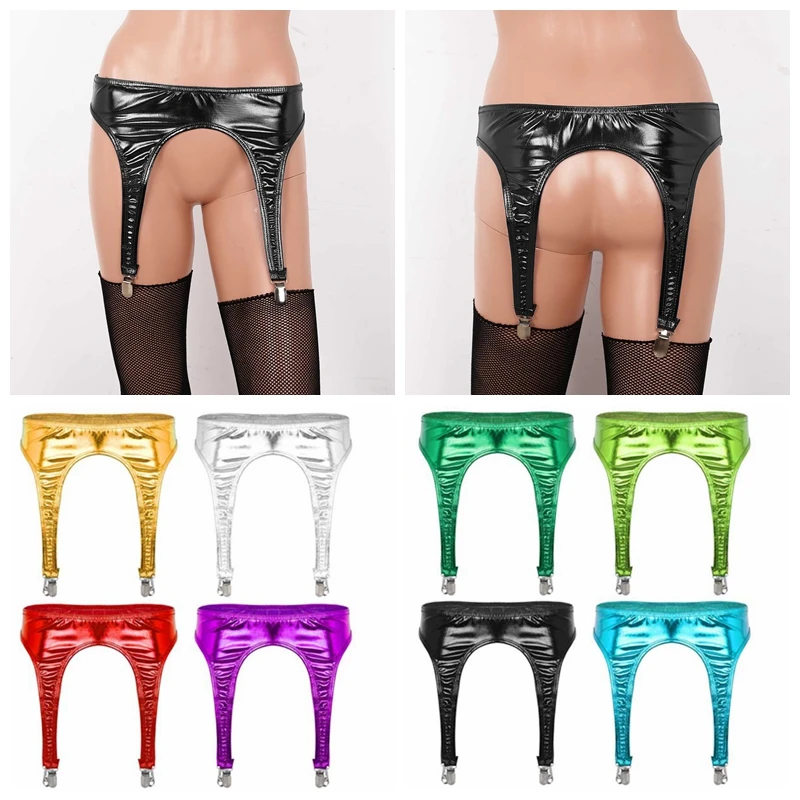 Sexy Women Punk Goth Metal Clip Latex Elastic Garter Belt Waist Suspender Harness Belt for Leg Stockings Lingerie Festival Rave