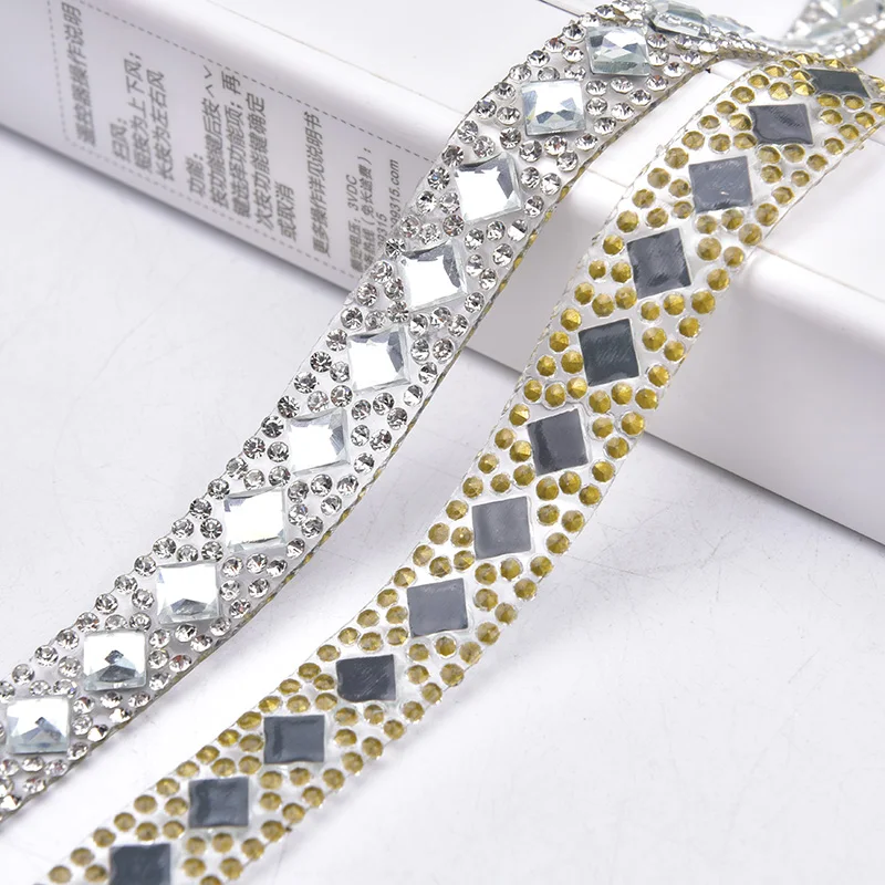 2 Yard Multiple Hot Fix Rhinestone Trim Clear Crystal Ribbon Strass Chain Tape Fabric Applique Banding For Wedding Dress Clothes