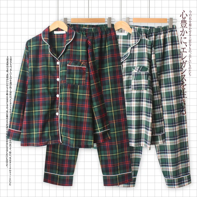 Autumn New Womens Loose Leisure Long Sleeved Pijama Mujer Couple Pajama Set Pure Cotton Plaid Plus Size Sleepwear Pijama Mujer