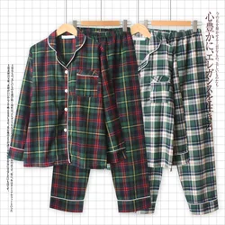 Autumn New Womens Loose Leisure Long Sleeved Pijama Mujer Couple Pajama Set Pure Cotton Plaid Plus Size Sleepwear Pijama Mujer