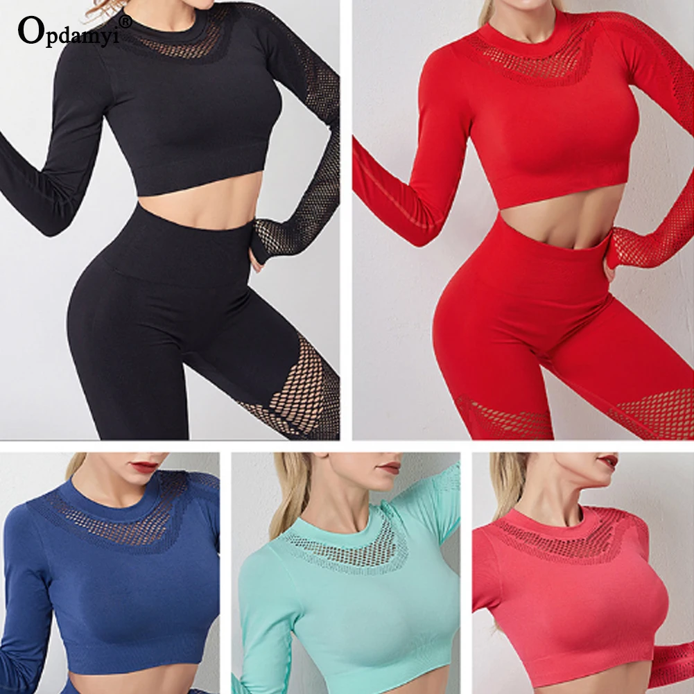 Women Seamless Fitness Yoga Set Sports Top Long Sleeve Hollow Out High Waist Leggings Workout Clothes Gym Athletics Running Suit