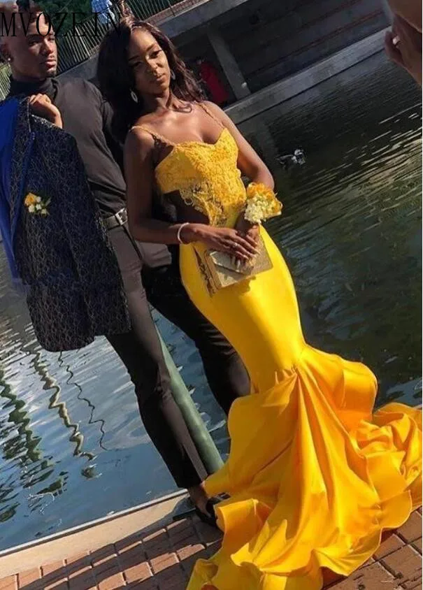 Mvozein Hot Yellow Mermaid Evening Dresses Long Evening Dress Spaghetti Strap Backless Floor Length Formal Gowns Robe de soiree