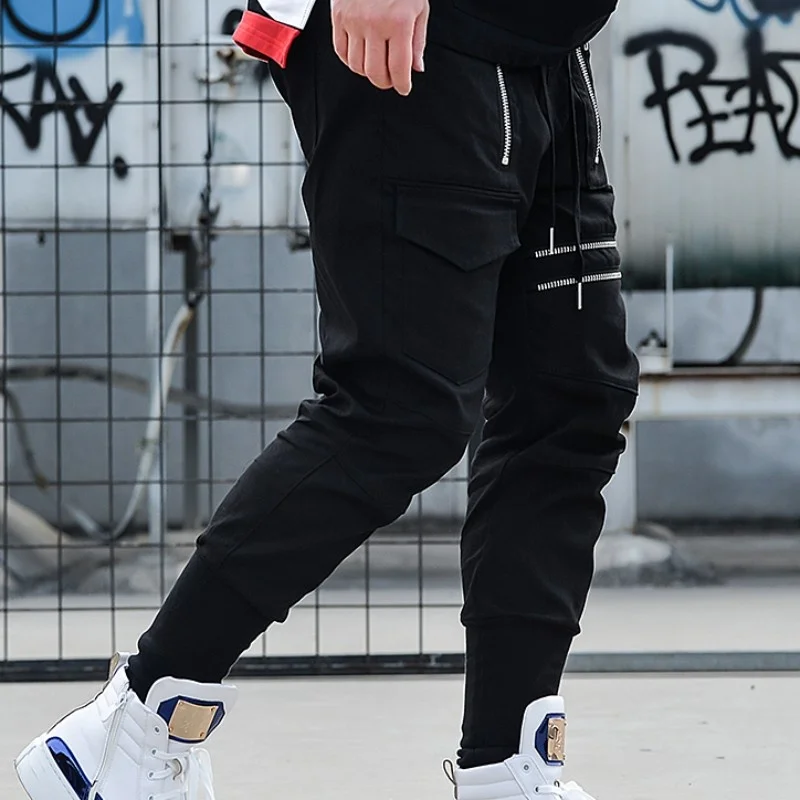 Hop Hip Cargo Pants Men Zipper Multi-Pocket Elastic Waist Black Casual Trousers Streetwear Slim Fit Harajuku Mens Pencil Pants