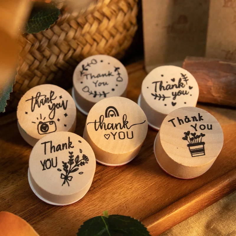 6pcs Thank You Wood Rubber Stamps Round Wooden Stamp DIY Craft Scrapbooking Stamping Birthday Party Christmas Wedding Decoration