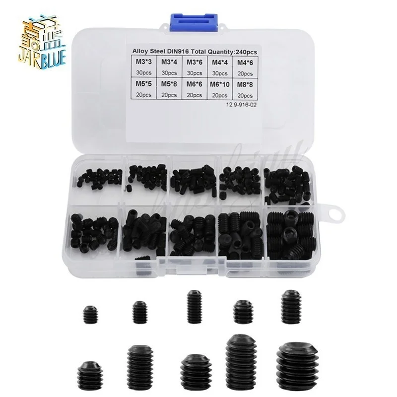 240Pcs/set M3 M4 M5 M6 M8 DIN916 Hex Socket Screw Black Alloy Steel Screws Bolts Assortment Kit