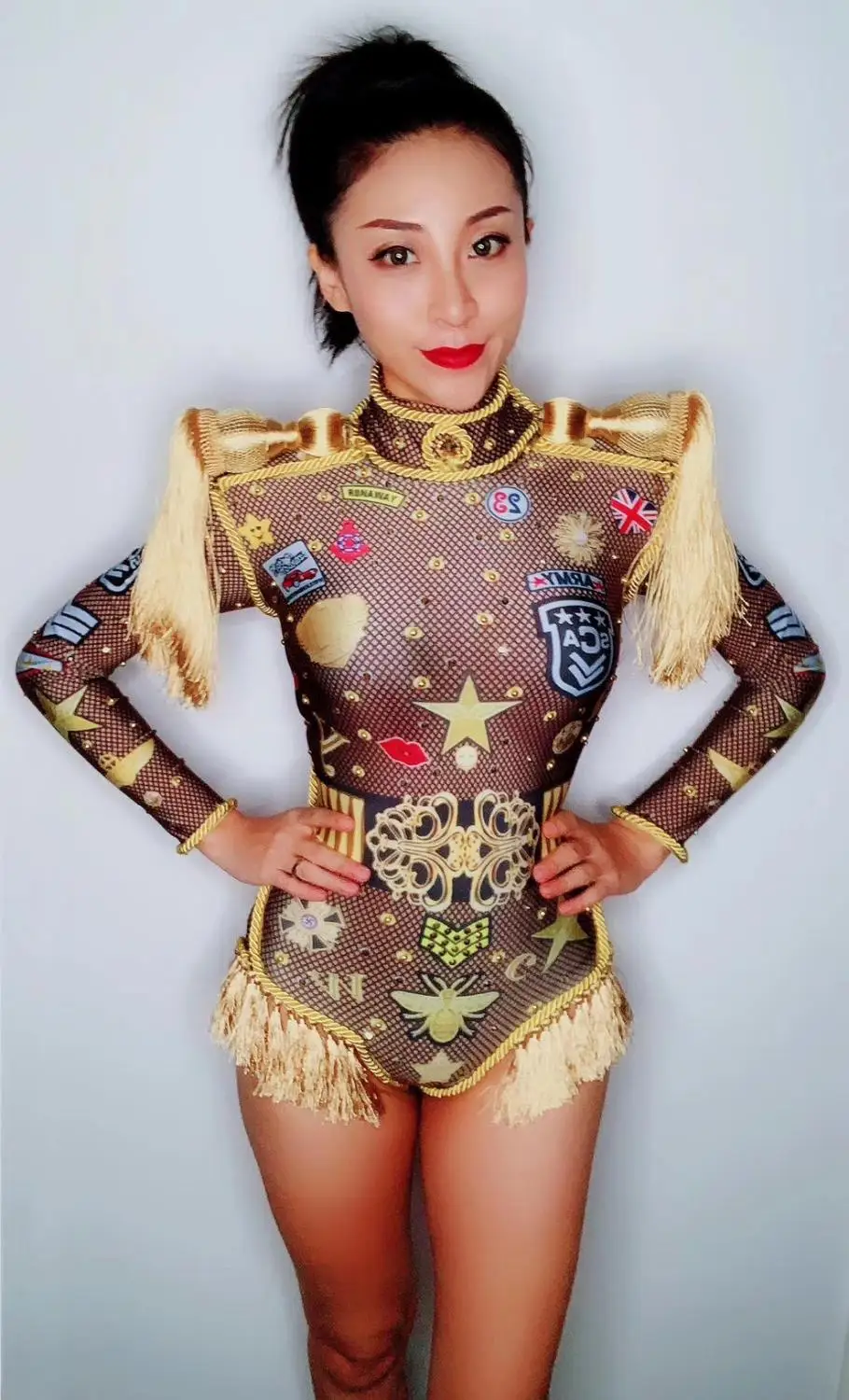 

Stage jumpsuit sexy National Day uniform female singer dance team jazz dance badge printed epaulettes tassel stretch