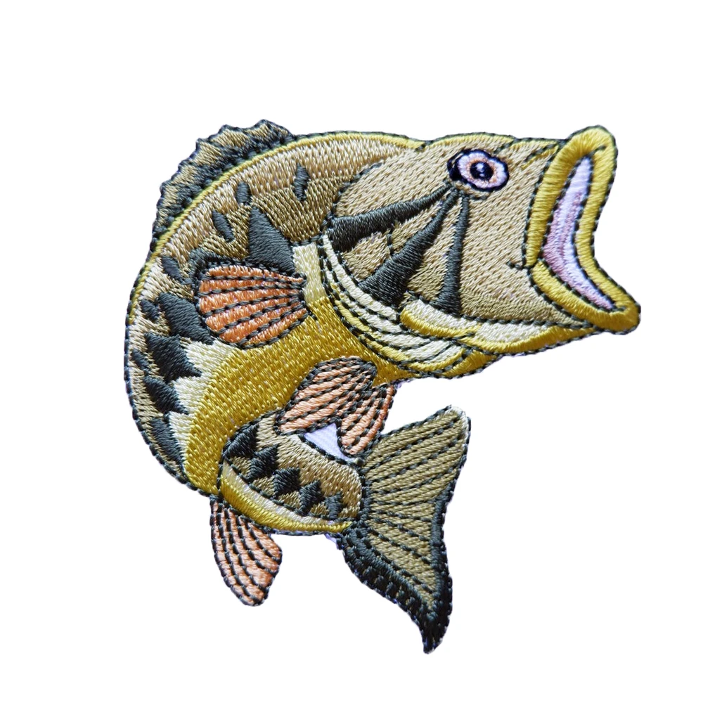 Large Mouth Green Fish Embroidered Patch Aquatic Bass Iron On Badge Emblem Travel Souvenir Lake Life for Clothing Applique