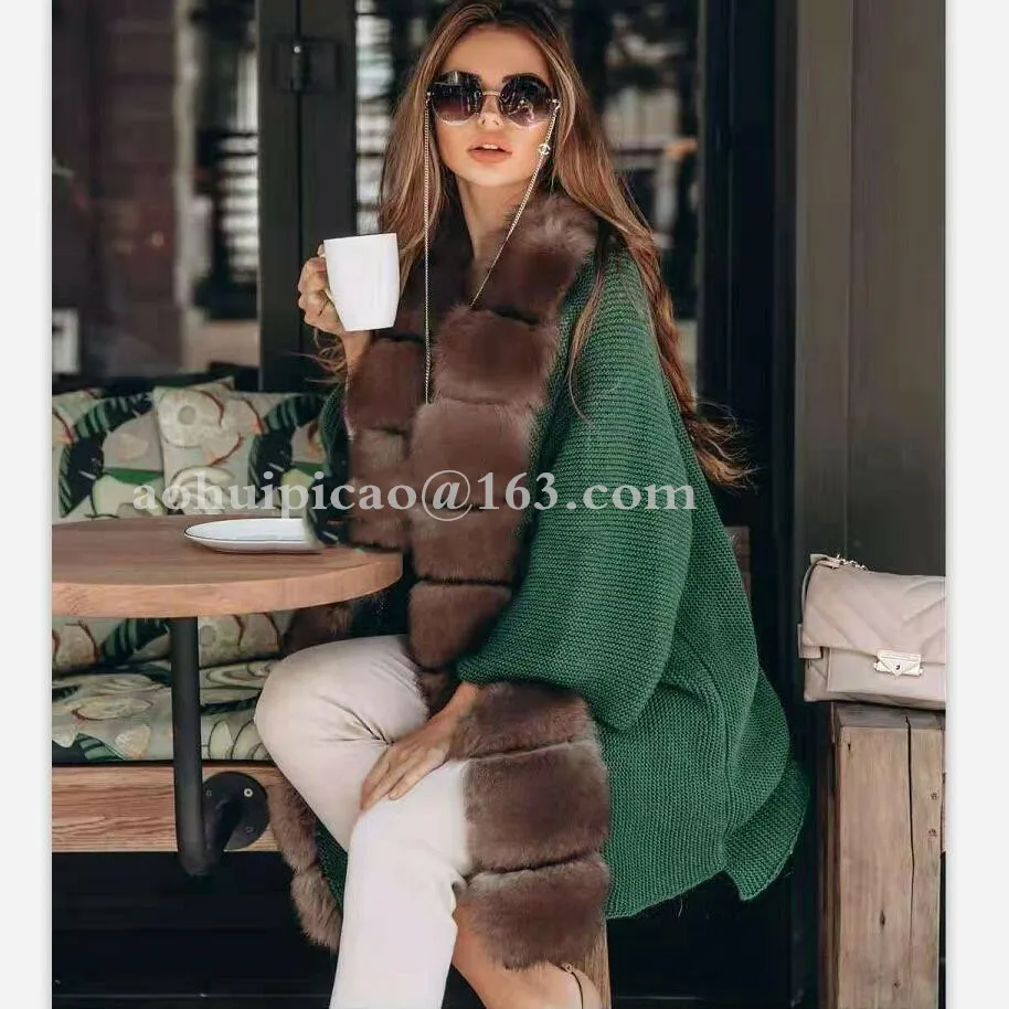 Real Fox Fur Coats, Knitted Sweaters, Real Fox Fur Coats Women's Long Extra Belts Fashionable Coats for Autumn and Winter