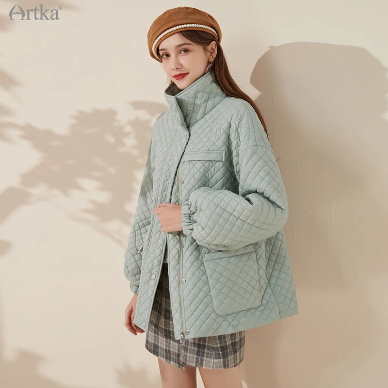 ARTKA 2021 Winter New Women Parkas Elegant Stand Collar Diamond Plaid Coat Drawstring Long Sleeve Warm Parkas Outerwear MA20011D